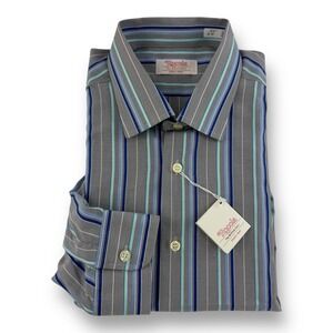 Rocola NWT 16.5/42 Gray Blue Stripe Long Sleeve Polyester Cotton Button-Up Shirt
